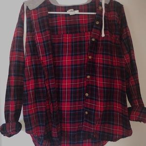 Red Flannel with grey hood